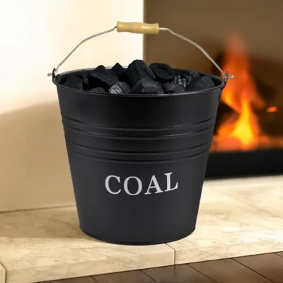 Image of Homezone Steel Black Coal Bucket with Wooden Handle Fireplace Pale Storage Solutions for Fireside Accessories Log Burner