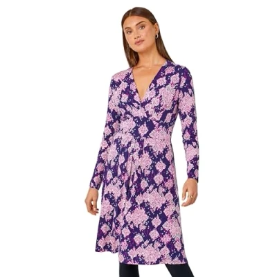 Image of Roman Originals Stretch Wrap Dress for Women UK Ladies Fit &amp; Flare Skater Summer Spring Holiday V Neckline Comfy Short Sleeve Soft Knee Length Frock Everyday Gowns Purple Size 18
