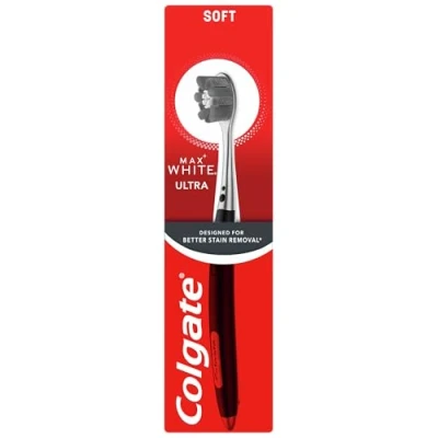 Image of Colgate Max White Ultra Manual Toothbrush, Teeth whitening Charcoal Infused bristles, Designed for Better Stain Removal, Polishes Away Surface Stains, high Density bristles
