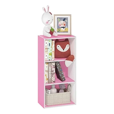 Image of Furinno Luder 3 Tier Open Shelf Bookcase, Pink/White