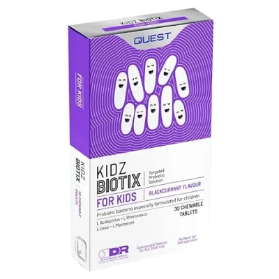 Image of Quest Kidzbiotix Children&#039;s Blackcurrant Flavoured Probiotic Chewable Tablets for Gut, Digestive, Bowel and Immune Health. Multi Strain Complex with 2 Billion Live Bacteria Cultures (3 x 30 Capsules)