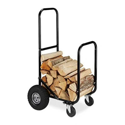 Image of Relaxdays Log Holder Cart, 2 Tyres and Castors, up to 60 kg, Steel Firewood Trolley, Wood Transport &amp; Storage, Black, 107.5 x 52 58 cm