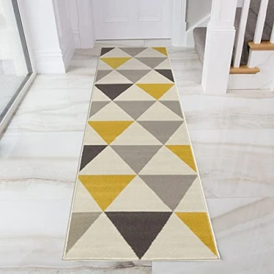 Image of Modern Ochre Mustard Yellow Grey Beige Geometric Triangles Runner Rug Living Room Area Hallway Rugs 70cm x 300cm