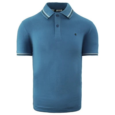 Image of Champion Heritage Fit Short Sleeve Blue Mens Cotton Polo Shirt 206239 3395