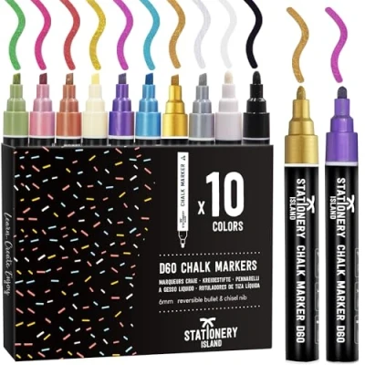 Image of STATIONERY ISLAND Chalk Pens for Blackboards, Pack Of 10 Metallic Colors, Chalkboard Window and Glass, Wipeable Liquid Washable (8 Colors &amp; 1 White Black)