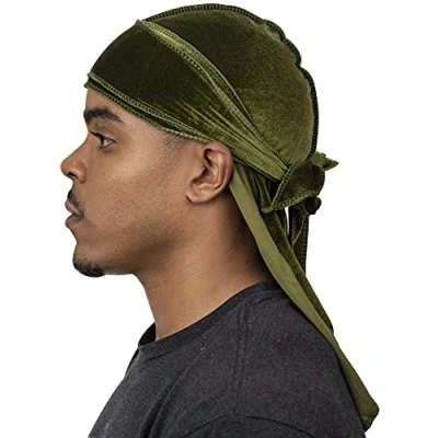 Image of Veeta Superior Velvet Durag Soft Durags for Men &amp; Women, Long Double Wide Straps, Silky Liner, Triple Stitched, Olive Green, One size