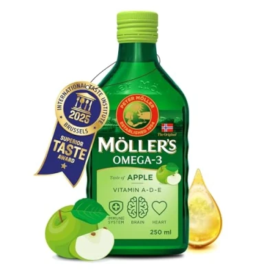 Image of Moller’s ® Omega 3 cod Liver Oil Dietary Supplements with EPA, DHA, Vitamin A, D and E Superior Taste Award Pure &amp; Natural 166 Year Old Brand Apple 250 ml