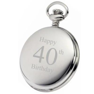 Image of PERSONALISED SILVER 40TH BIRTHDAY POCKET WATCH WITH CHAIN PW195 CAN BE ENGRAVED FREE