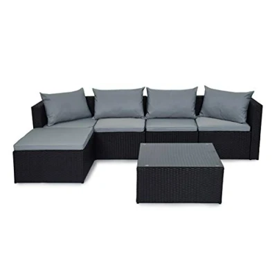 Image of EVRE Miami Black Outdoor Rattan Garden Furniture Set for Patio Conservatories with 5 seat Modular Sofa Glass Top Coffee Table Foot Stool Cushions and Fade Resistance