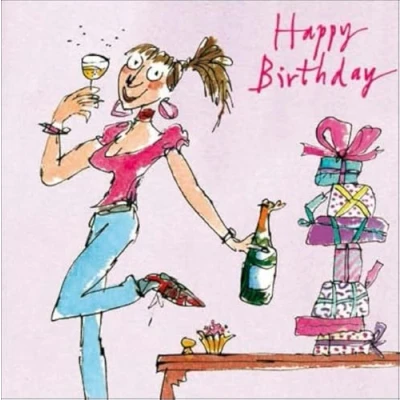Image of Woodmansterne Birthday Card Quentin Blake Lady Celebrating with Champagne (4149)