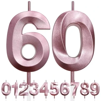 Image of 60th Birthday Candle, 3D Design Rose Gold Glitter Number Candles, Cake Topper Decorations, Candle for Party, Wedding Anniversary, Baby Shower, Party Decoration (Pink Gold)