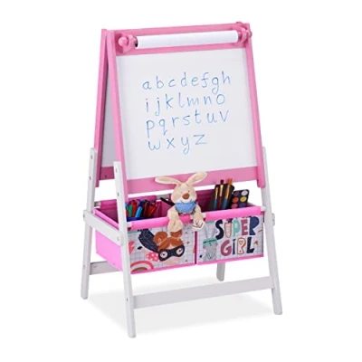 Image of Relaxdays Drawing Stand for Children, Paper Roll, Blackboard, Storage Baskets, 94 x 52 46.5 cm, Pink/White, Fibreboard