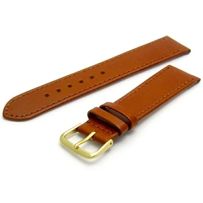 Image of Comfortable Flexible Leather Watch Strap Band Buffalo Grain 16mm Width Tan with Gilt (Gold Colour) Buckle R615g