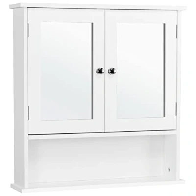 Image of Yaheetech Double Door Bathroom Cabinet with Mirror Wall Mounted Storage Unit Shelves, White, 13cm x 56.1cm 58cm