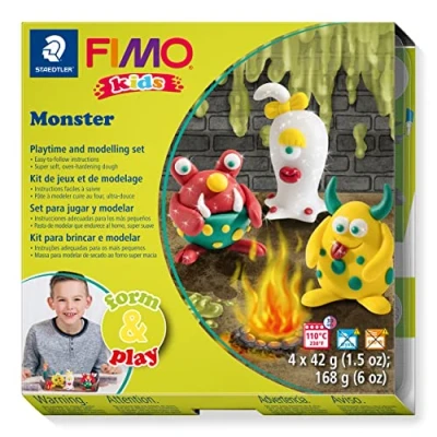 Image of STAEDTLER 8034 11 LZ FIMO Kids Form&amp;Play Playtime &amp; Modelling Polymer Clay Set &quot;Monster&quot; (Pack of 4 Blocks, Stickers, Tools Background Scene)