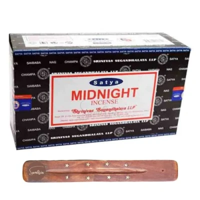 Image of Satya Nag Champa Midnight incense sticks x12 pack with SAMASIA holder Used for Miomatherapy, Spa, Yoga, Weddings, Meditation, Healing, Positivity and Relaxation