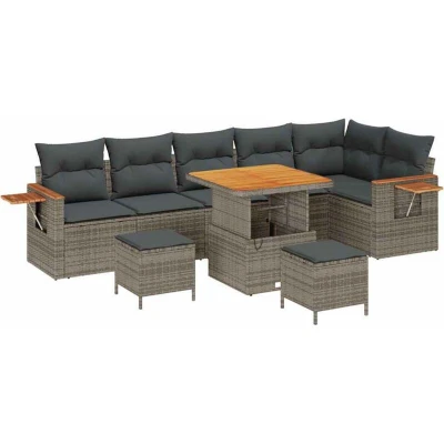 Image of vidaXL 9 Piece Garden Sofa Set with Cushions Grey Poly Rattan Acacia