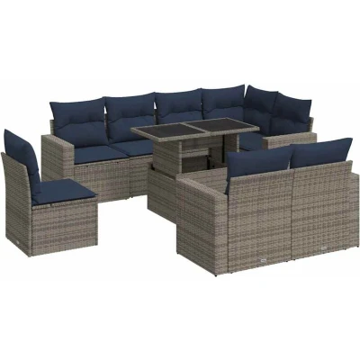 Image of Vidaxl 9 Piece Garden Sofa Set with Cushions Grey Poly Rattan Acacia