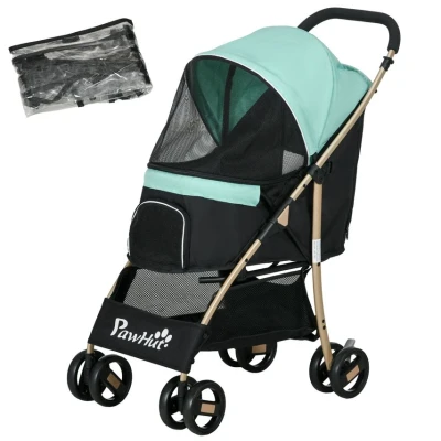 Image of PawHut Dog Stroller with Rain Cover, Foldable Pram, 4 Wheels Pet Pushchair Safety Leashes, for Small, Miniature Dogs, Cats Green