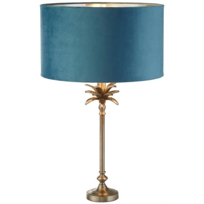 Image of Palm Table Lamp Antique Nickel, Teal Velvet Shade