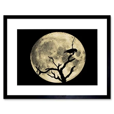 Image of Wee Blue Coo Crow Silhouette Moon Black Grey Art Picture Framed Wall Print