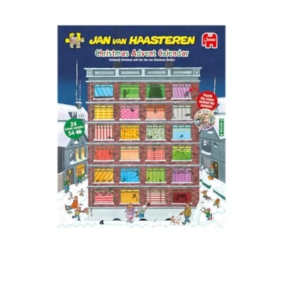 Image of Jan Van Haasteren Christmas Advent Calendar 24 Days of Puzzles, Puzzle the Scene Behind Curtains Fun 54 Piece Adults &amp; Comic 100% Recycled Cardboard Jigsaw for