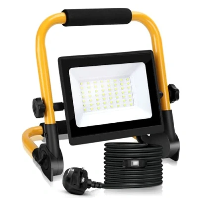 Image of Aigostar LED Work Light, 50W Job Site Light 4500LM, Plug in FloodLight with 13ft Wire &amp; Switch, Portable Lights 240V Mains Powered Loft IP65 Waterproof Construction Workman Lamp
