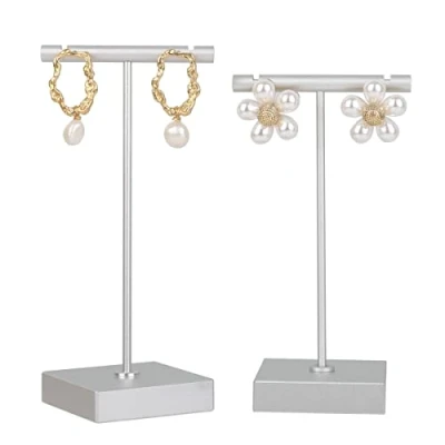 Image of GemeShou 2pcs metal earring holder, Silver T bar display stand, mini hangers for earrings Jewelry Photography, storage organizer【Silver Square Base 2pcs】