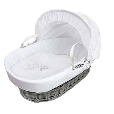Image of ELEGANT BABY White Teddy Wash Day Grey Wicker Moses Basket with Full Bedding Set, Adjustable Hood, Fibre Mattress &amp; Padded Liner