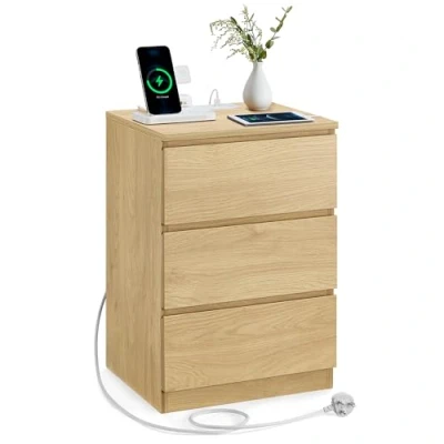 Image of VASAGLE Bedside Table with Charging Station, Side End 3 Drawers, 2 AC Outlets, USB Ports, Bevelled Drawer Fronts, for Living Room, Bedroom, Study, Modern, Straw Yellow LET631Y71