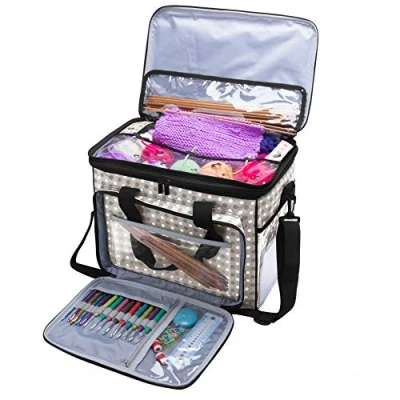 Image of Teamoy Knitting Bag, Yarn Storage Tote with Nylon Zippered Cover, Multiple Inner Divider for and Unfinished Project, Crochet Hooks Accessories, Grey Dots