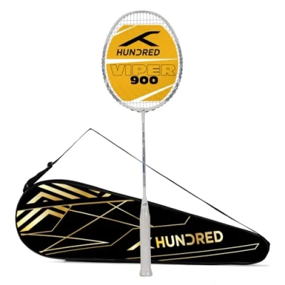 Image of HUNDRED Viper 900 Carbon Fibre Strung Badminton Racquet with Full Cover For Intermediate Players 79 grams gifts Maximum String Tension 32lbs (White/Blue, Size: G6)