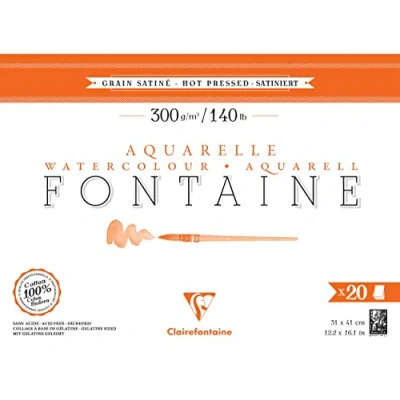 Image of Clairefontaine 975511C Pad Glued 4 Sides Fontaine 20 Sheets White Watercolor Paper 100% Cotton Satin Grain Professional Quality 31x41 cm 300g