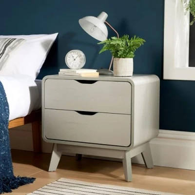 Image of Home Source Bedside Side Table, Modern Bedroom Cabinet Nightstand, 2 Drawer Storage, Grey, Engineered Wood