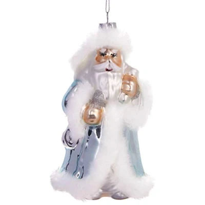 Image of BRUBAKER White Father Christmas Silver Hand Painted Glass Bauble Mouth Blown Tree Decoration Figures Pendant Ball 6 inches (15 cm)