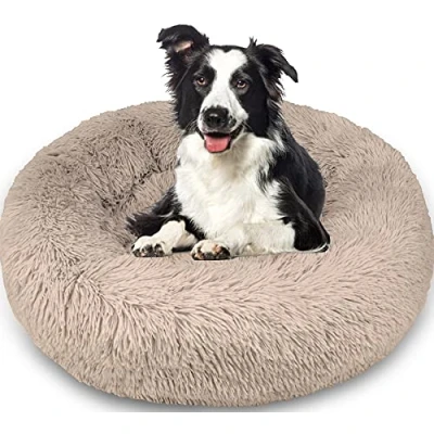 Image of Enjamoy Plush Donut Dog Bed, Calming Round Cat Bed Soft and Fluffy Cuddler Pet Cushion Self Warming Puppy Beds Machine Washable, Brown 80cm