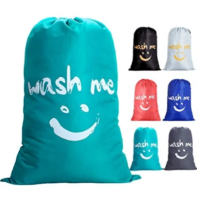 Image of IHOMAGIC Extra Large Laundry Bag with Drawstring, Jumbo Size Washing Bag, Foldable 420D Durable Fabric Polyester Storage for College Dorm 63x93cm, Blue Smile