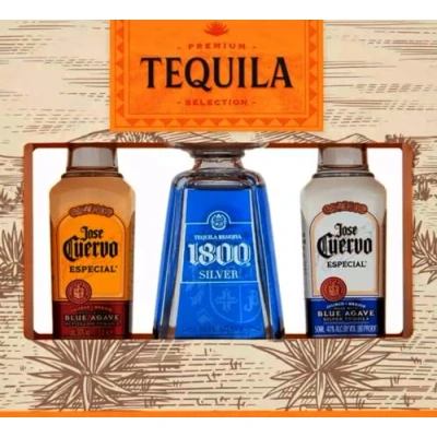 Image of Premium Selection Tequila Gift Set 3 x 5cl Flavoured Jose Cuervo Miniature Alcohol Bottles Set. Great Christmas Gifts for Men, Dad Stocking Fillers with Topline Card.