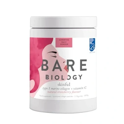 Image of Bare Biology Collagen Powder + Vitamin C, 300g/60 Servings, Strawberry Flavour Skinful Pure Marine for Skin, Muscles, Hair, Nails, Joints &amp; Bones Super Strength Type 1 Peptides