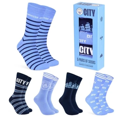 Image of MANCHESTER City FC Mens Socks Pack of 5 Crew for Men Teenagers Soft Breathable Size 7 12 Man Gifts Him