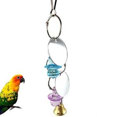 Image of Bird Mirror Toy with Perch for Parrot Budgie Parakeet Cockatiels Conure Finch Lovebird African Grey Macaw Amazon Cockatoo Chew Bite Cage Hanging