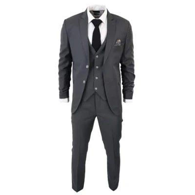 Image of Men&#039;s Classic Charcoal Grey Suit 3 Piece Tailored Fit Vintage Office Wedding Prom 38