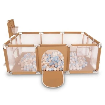 Image of Selonis Baby Playpen Big Size Playground with 100 Balls for Kids, Beige:Pastel Beige/Pastel Blue/White