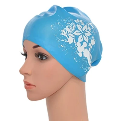 Image of Medifier Women Ladies Flower Print Elastic Silicone Water Pool Swimming Hat Cap Ear Wrap for Long Hair Adults(Sky blue)