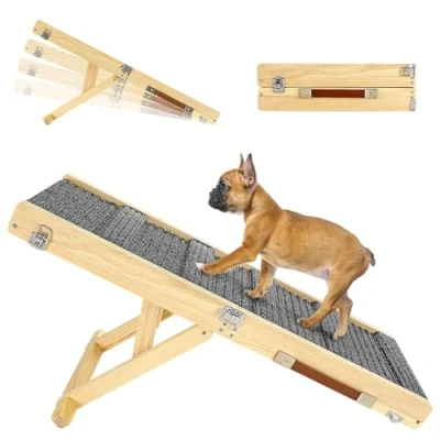 Image of Pawaboo Folding Dog Ramp for Small Dog, Portable Wooden Pet Bed, 4 Adjustable Height from 20cm to 45cm, Car Dogs Cat with Non slip Carpet, Use Low Bed Couch