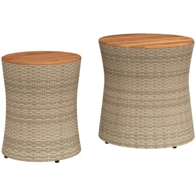 Image of vidaXL Poly Rattan Garden Side Tables 2 pcs with Acacia Wood Top Round Nesting Patio in Beige/Brown for Outdoor, Patio, and Backyard Use
