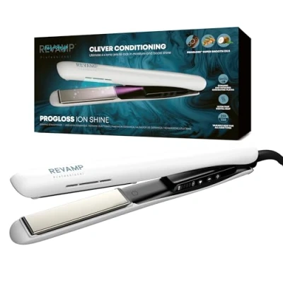 Image of REVAMP Ion Shine Ceramic Hair Straighteners, Infrared and Ionic Technology for Sleek Frizz Free Results, Infused with Smooth Keratin, Argan Coconut Oils, Variable Heat, All Types, White