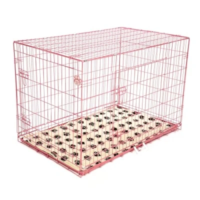Image of Dog Cage 48&quot; Pink by Cozy Pet With Tailored Vet Bedding Metal Tray Folding Puppy Crate Cat Carrier Crates Cages.