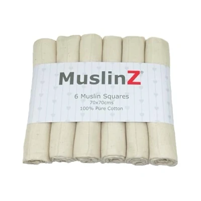 Image of MuslinZ, Muslin Cloths for Baby, Baby Burp Cloths, 6 Pack Sqaures, Large 70x70cm Boy, Girl, Unisex options Cotton Absorbent &amp; Breathable Multi Use Newborn (Unbleached)