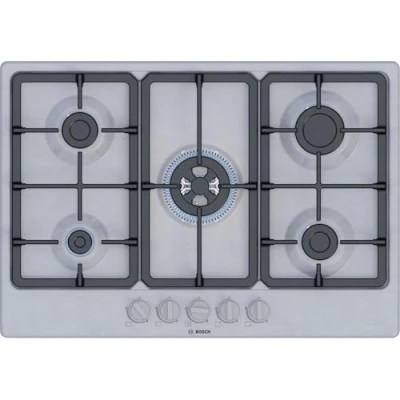 Image of Bosch, Series 4, PGQ7B5K90 75cm Gas Hob with 5 burners, 3.3kW Wok, 3 Dishwasher suitable cast iron pan supports, new standard sword dials, Star layout